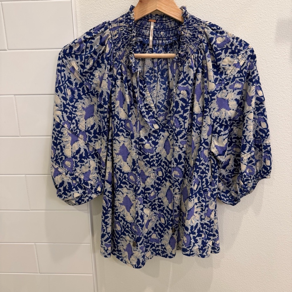 Free People Willow Printed Blouse in Blue Combo